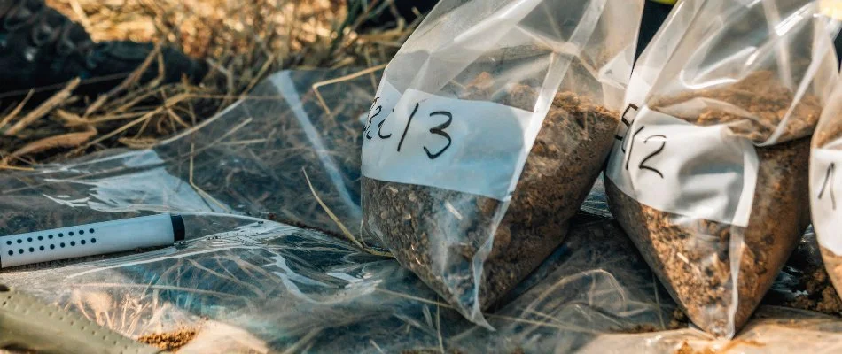 Soil samples from a lawn in Newark, DE, with labels.