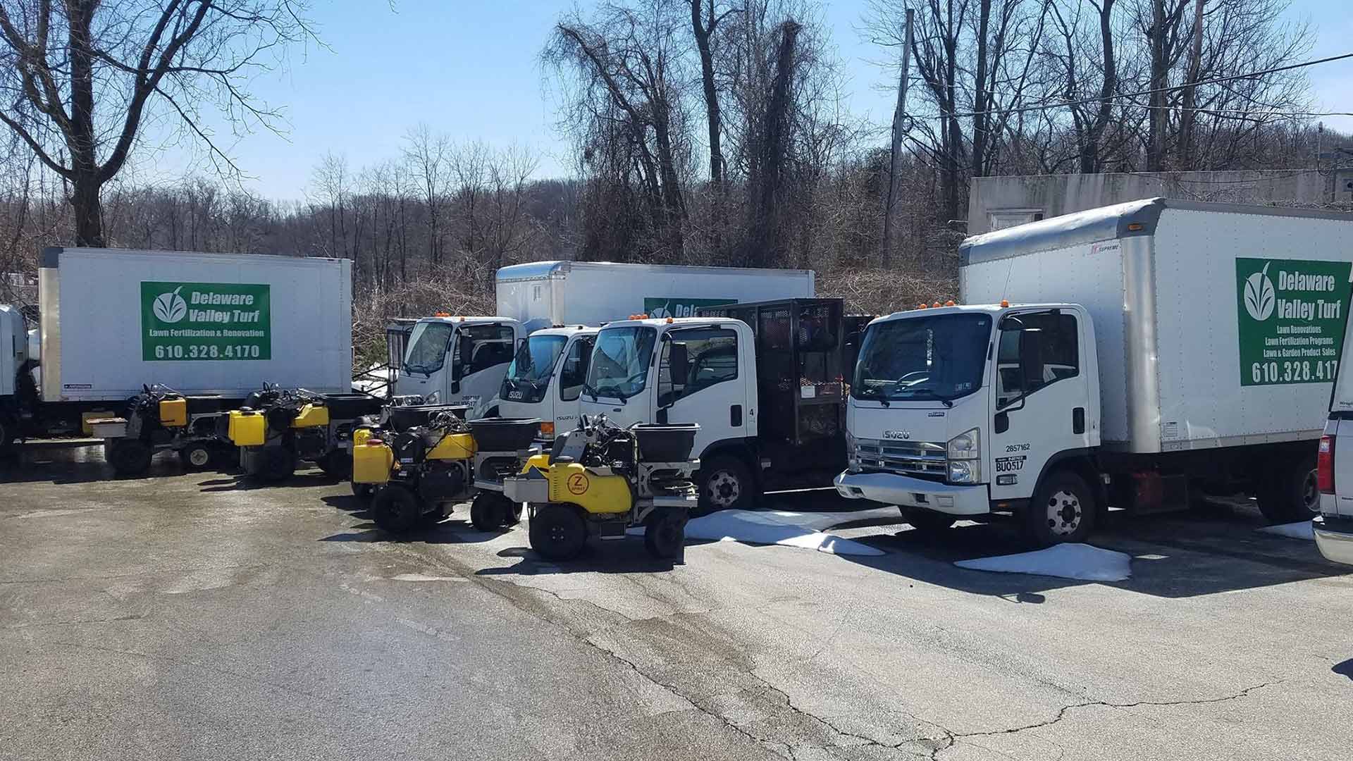 A parking lot of Delaware Valley Turf equipment.