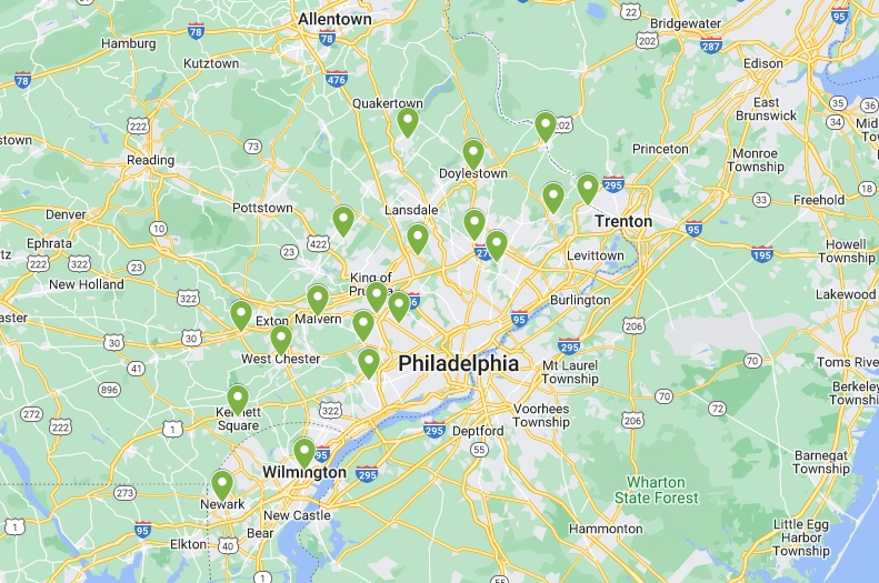 The map of Delaware Valley Turf's service areas.